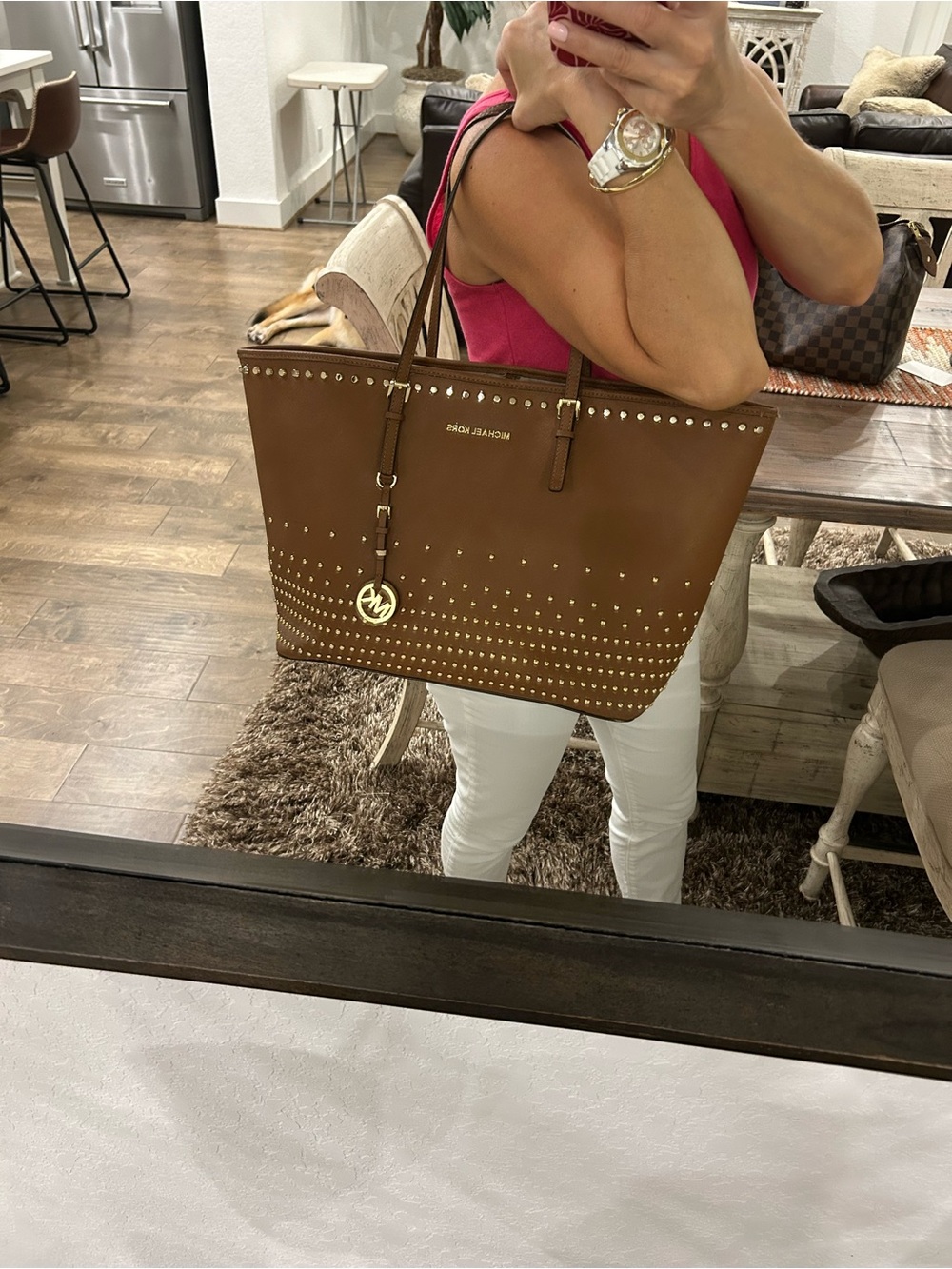 Michael Kors Chestnut Studded Leather Tote with Gold Accents